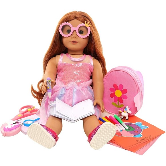 36pcs for 18 Inch Girl Doll Study Theme Kit with 1 Skirt 1 Backpack 1 Pink Glass - Picture 6 of 7